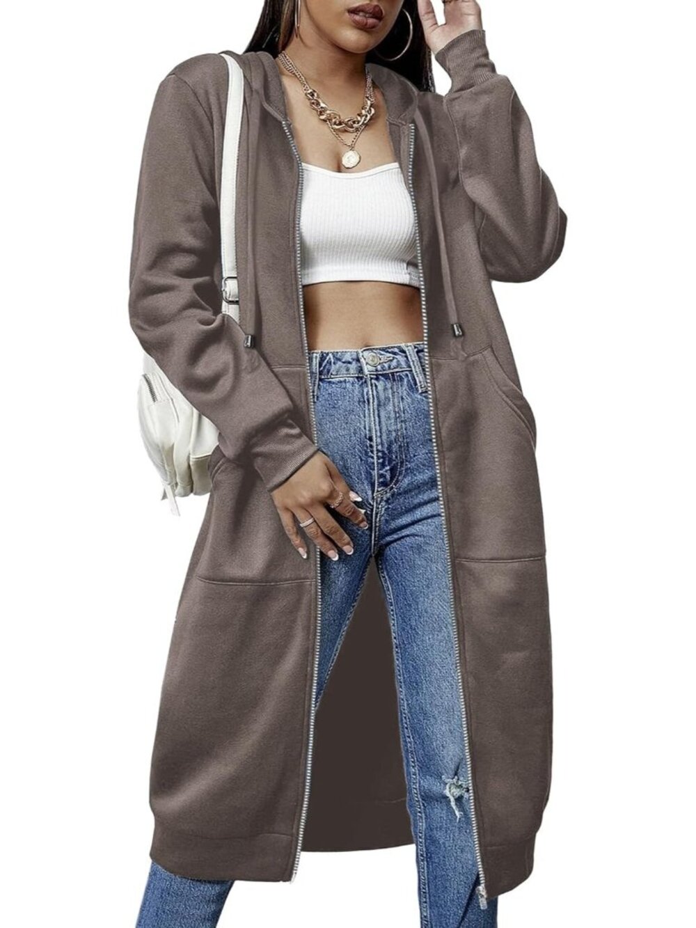 〽️Women's Coffee Casual Zip Up Fleece Tunic Oversized Pocket Long Hoodie Jacket